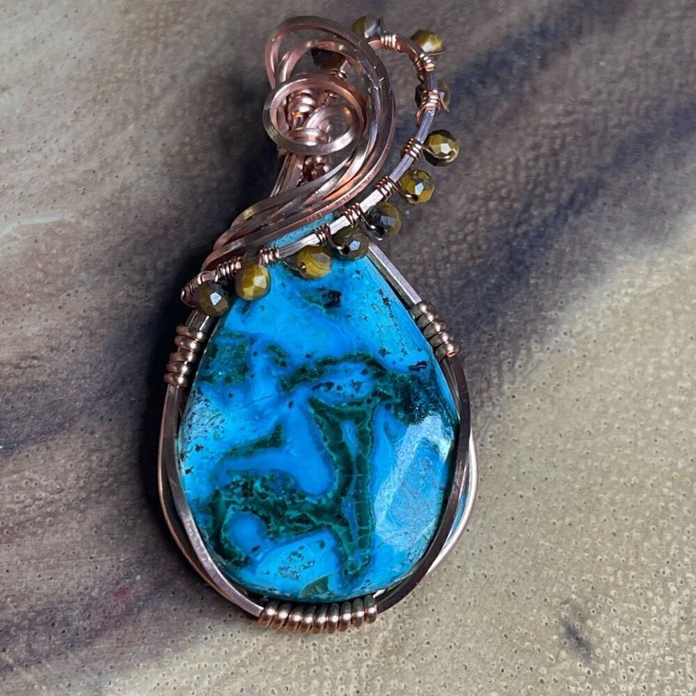 Artisan handmade Chrysocolla Malachite pendant wire wrap necklace malacholla tig
